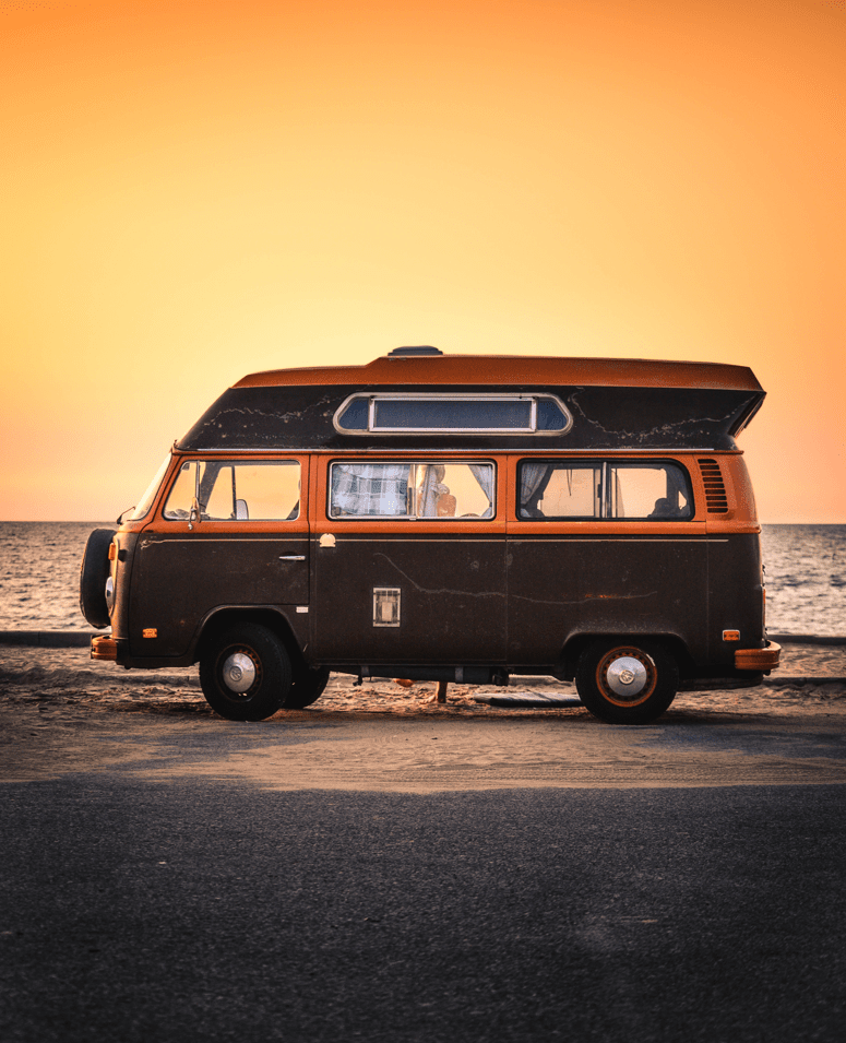 camper with sunset on the background